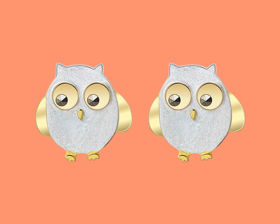 Mr.&Mrs.Owl | Playful Owls Sterling Silver Stud Earring | Handmade Earring Crafted in 925 Sterling Silver